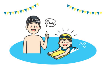 水泳教室で水泳を習う男の子と先生のイラスト
