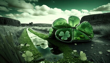 St Patrick's Day Concept, Four Leaf Clover Landscape, Ai, Ai generated