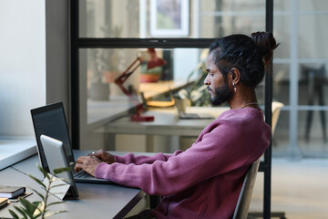 Side view of serious young programmer concentrating on his online work on laptop sitting at his workplace in IT office