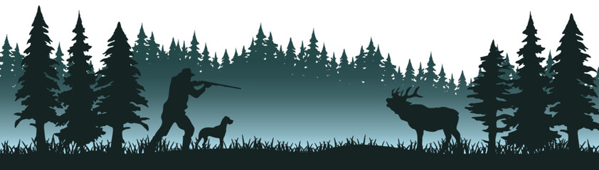 Wildlife forest woods misty fog landscape hunt hobby background banner illustration vector for logo - Silhouette of hunter and dog hunting, deer and forest trees fir, isolated on white background