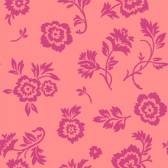 Fototapeta na wymiar Vector creative hand-drawn abstract seamless pattern of stylized mallow-colored flowers on a scarlet background.