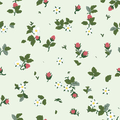 Strawberry seamless pattern. Cute summer berries and flowers on a light green background. Textile design made of strawberry fabric.