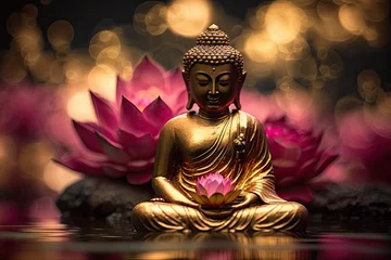 Rolgordijnen statue of buddha on a lotus flower, generative AI © Kien