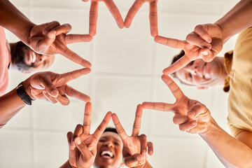 Star hands, together and people teamwork, happy collaboration and group synergy or support from...