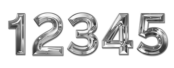 realistic silver chrome metal numbers 1-5 transparent PNG file - obrazy, fototapety, plakaty