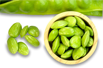  Closeup image of Asian bitter green beans known as twisted cluster beans isolated on a white background.