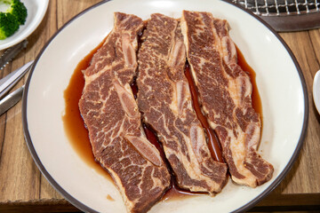 South Korea food. raw beef rib meat bbq (LA galbi)