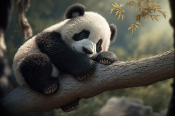 Obraz premium Panda in the Wild: A Lazy Day in the Forest. Generative Ai