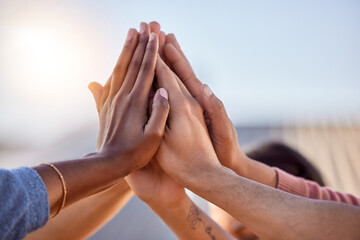 Hands, high five and people in support, teamwork and solidarity of success, agreement goal and...