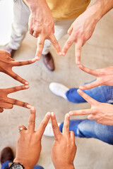 Peace, above and hands of business people in a star for team building, shape and support. Motivation, together and hands of employees with a sign for collaboration, friends and group solidarity