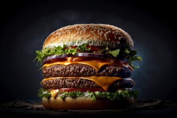 Big hamburger with a lot of cheese and lettuce on it on dark background, Generative AI