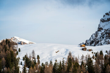 Alta Val Badia in winter. The village of La Val surrounded by the Dolomites. 