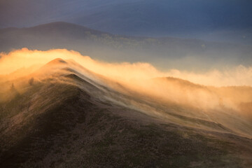 foggy autumn morning in the mountains, Bieszczady national park