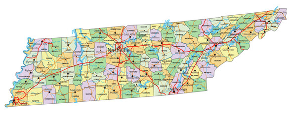Tennessee - Highly detailed editable political map with labeling. - obrazy, fototapety, plakaty