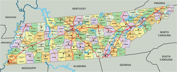 Tennessee - Highly detailed editable political map with labeling.