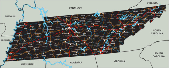 High detailed Tennessee road map with labeling. - obrazy, fototapety, plakaty