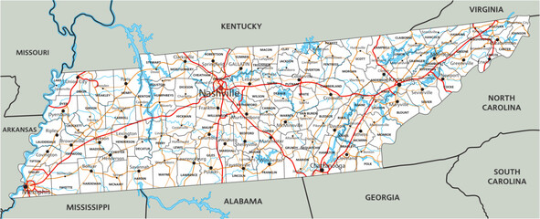 High detailed Tennessee road map with labeling.
