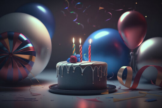 Festive happy birthday cake with a candle and decorations ballons, Generative AI