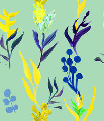 bright floral tropical seamless pattern without seams drawn in gouache with yellow flower for summer textile