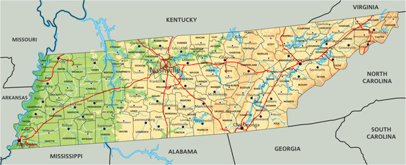 High detailed Tennessee physical map with labeling. - obrazy, fototapety, plakaty