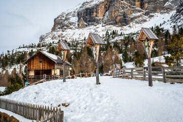 Alta Val Badia in winter. The village of La Val surrounded by the Dolomites. 