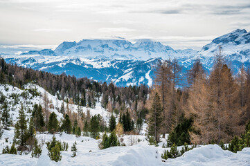 Alta Val Badia in winter. The village of La Val surrounded by the Dolomites. 