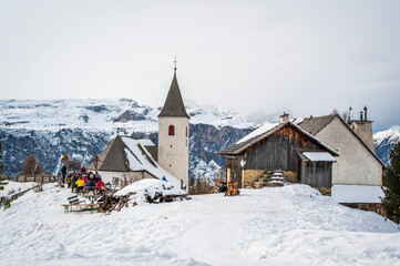 Alta Val Badia in winter. The village of La Val surrounded by the Dolomites. 