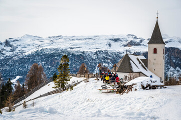 Alta Val Badia in winter. The village of La Val surrounded by the Dolomites. 