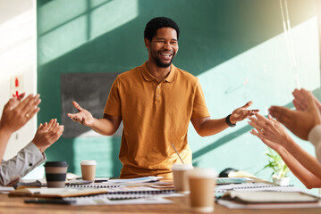 Training, applause and meeting with black man speaker for creative, planning and presentation in...