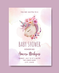 Beautiful cute unicorn with flower watercolor baby shower invitation