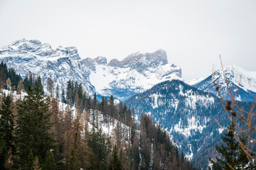 Alta Val Badia in winter. The village of La Val surrounded by the Dolomites. 