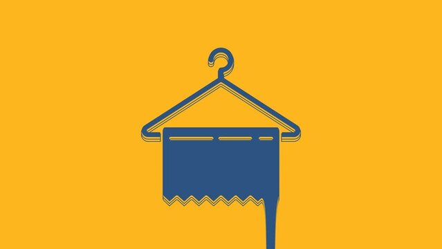 Blue Hanger wardrobe icon isolated on orange background. Clean towel sign. Cloakroom icon. Clothes service symbol. Laundry hanger sign. 4K Video motion graphic animation