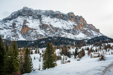 Alta Val Badia in winter. The village of La Val surrounded by the Dolomites. 