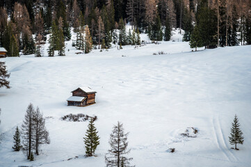 Alta Val Badia in winter. The village of La Val surrounded by the Dolomites. 