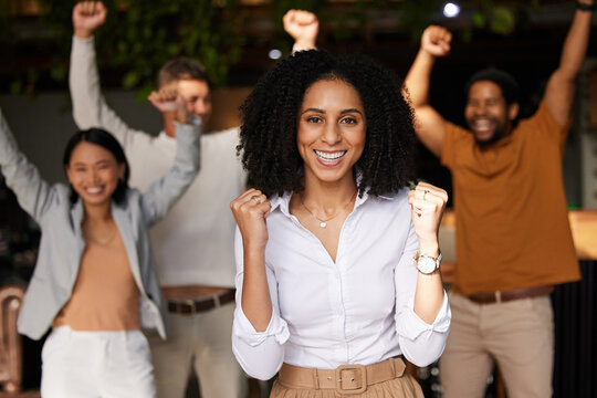 Black woman, team and business celebration portrait for winning, success and achievement. Diversity men and women with leader celebrate for company growth, bonus deal or goals cheering for teamwork