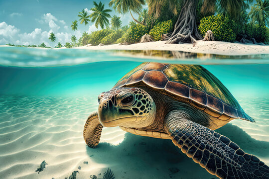 Tropical Serenity: A Sea Turtle in Paradise. Generative Ai