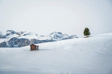 Alta Val Badia in winter. The village of La Val surrounded by the Dolomites. 