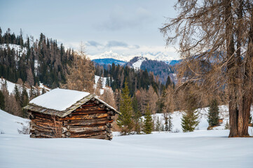 Alta Val Badia in winter. The village of La Val surrounded by the Dolomites. 