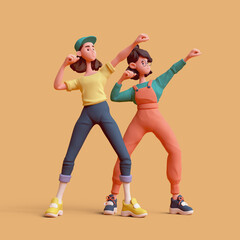 Fototapeta premium Two cute kawaii positive excited asian colorful active k-pop superheroes girls in fashion casual green orange yellow clothes in fighting pose, hands in fist, strong gesture, sports training. 3d render