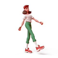 Cute excited smiling positive funny asian colorful active brunette k-pop girl wears fashion clothes green pants, t-shirt, cap, red sneakers walks has fun rejoices. 3d render isolated transparent