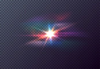 Vector red front sun lens flare transparent special light effect. Abstract in motion flare blur glow glare. Isolated transparent background design element. Star flash with rays and spotlight