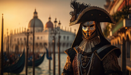 Obraz na płótnie Canvas Masked person in carnival costume in Venice. Based on Generative AI
