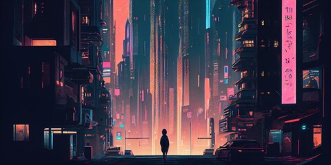 Cityscape, Megapolis, view of the skyscrapers. Cyberpunk city illustration. A sprawling metropolis of towering skyscrapers, flying vehicles, and neon lights. Generative AI