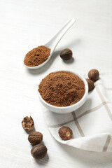 Concept of different spices and condiments, nutmegs