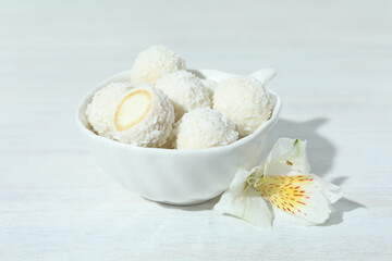 Concept of tasty sweets, coconut candies, close up