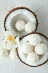 Concept of tasty sweets, coconut candies, top view