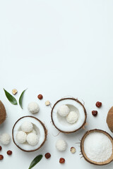 Concept of tasty sweets, coconut candies, space for text