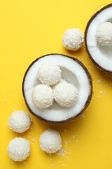 Concept of tasty sweets, coconut candies, top view