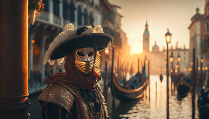 Obraz na płótnie Canvas Masked person in carnival costume in Venice. Based on Generative AI