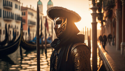 Masked person in carnival costume in Venice. Based on Generative AI